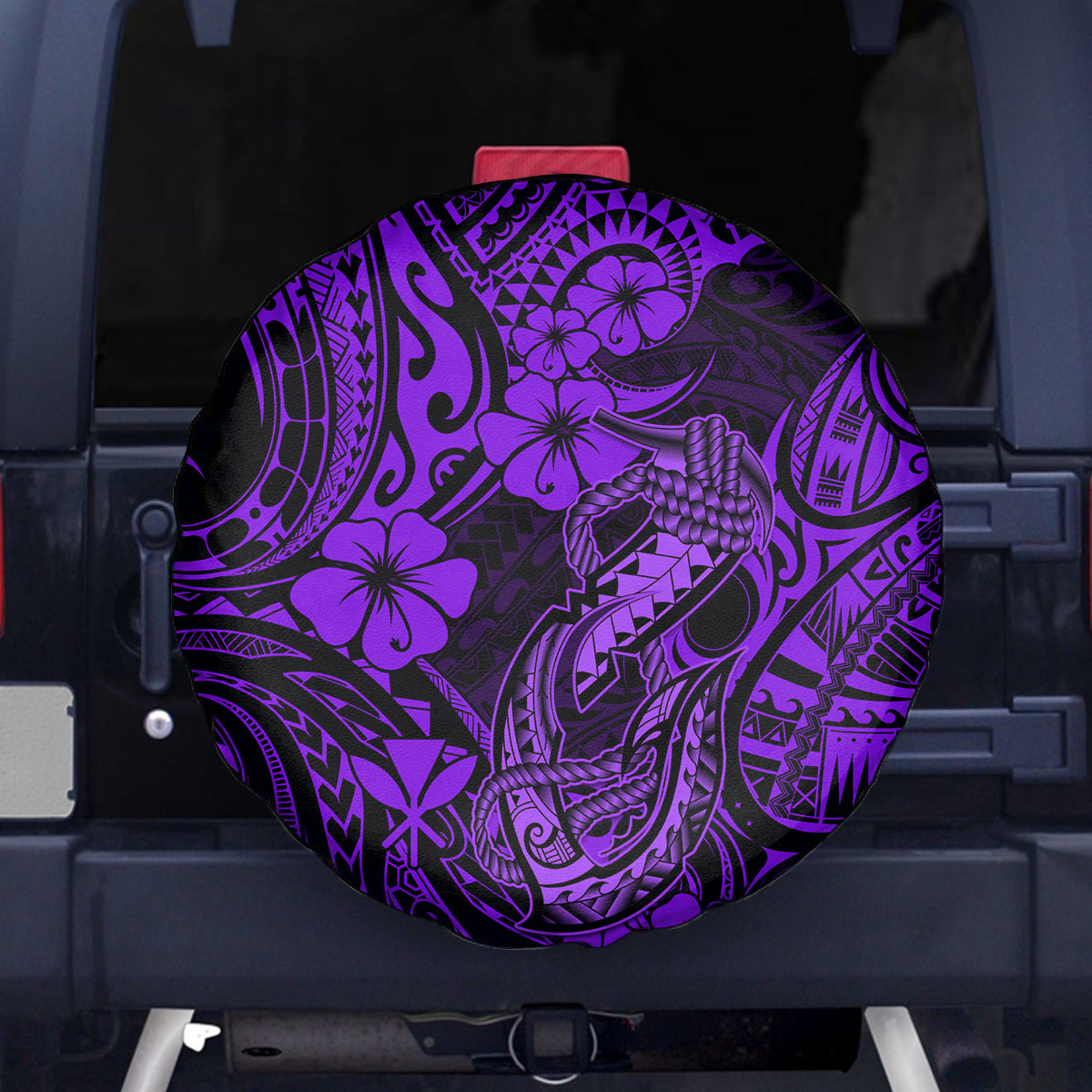 Hawaii Fish Hook Spare Tire Cover Hibiscus Hawaii Tribal Tattoo Purple Version - Wonder Print Shop