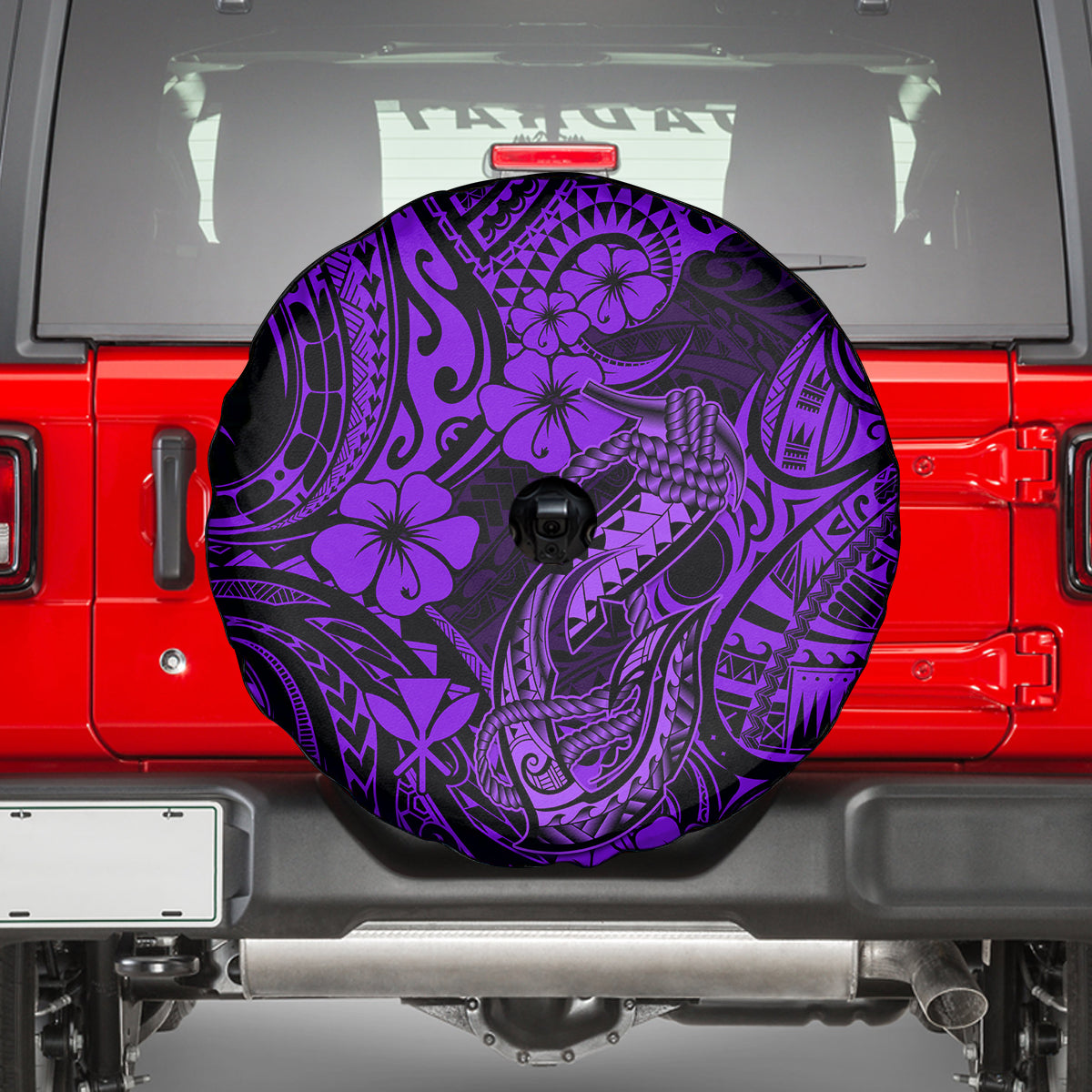 Hawaii Fish Hook Spare Tire Cover Hibiscus Hawaii Tribal Tattoo Purple Version - Wonder Print Shop