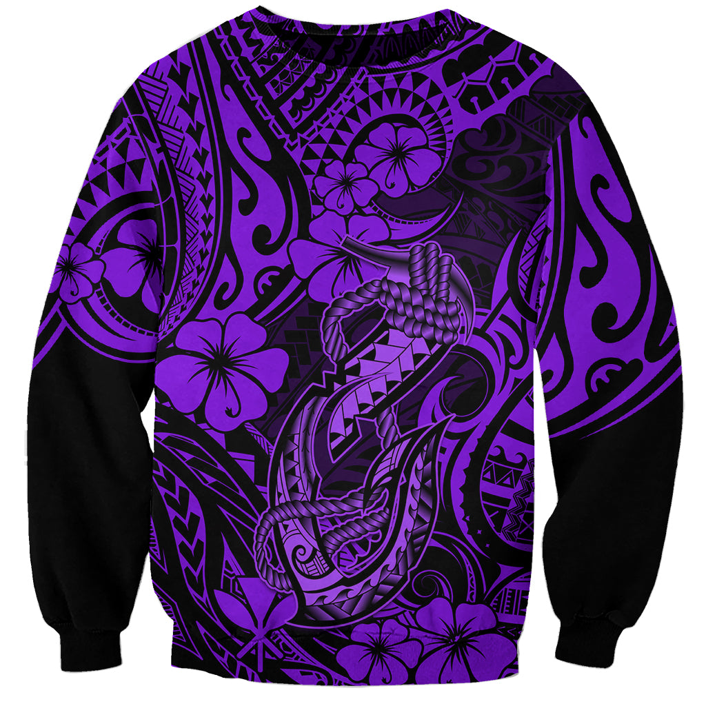 Hawaii Fish Hook Sweatshirt Hibiscus Hawaii Tribal Tattoo Purple Version - Wonder Print Shop