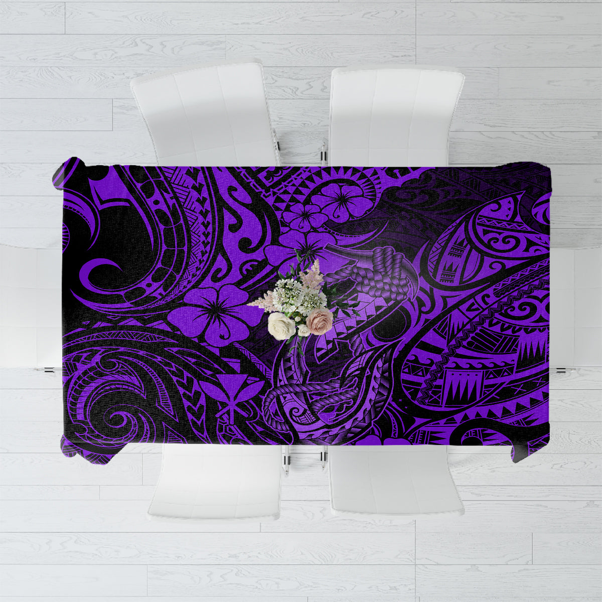 Hawaii Fish Hook Tablecloth Hibiscus Hawaii Tribal Tattoo Purple Version - Wonder Print Shop