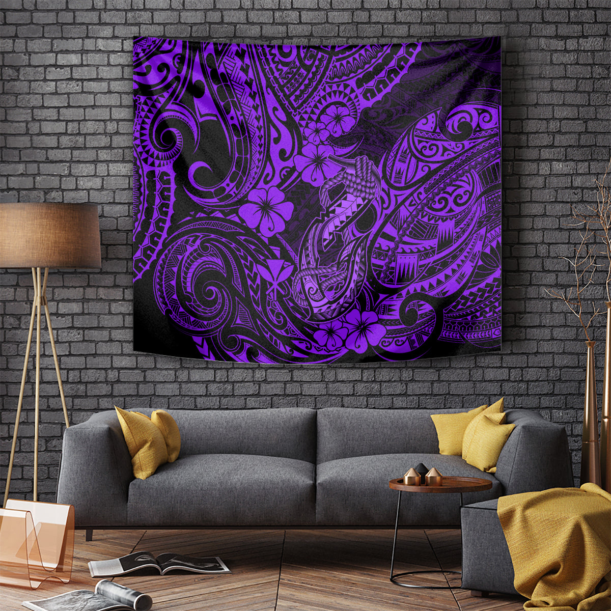 Hawaii Fish Hook Tapestry Hibiscus Hawaii Tribal Tattoo Purple Version - Wonder Print Shop