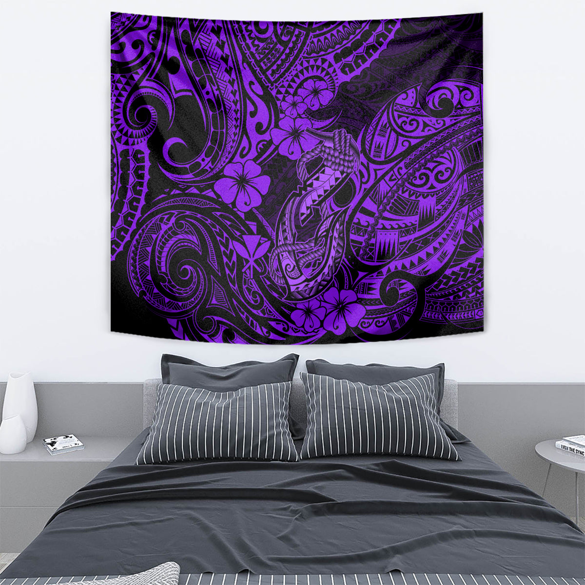 Hawaii Fish Hook Tapestry Hibiscus Hawaii Tribal Tattoo Purple Version - Wonder Print Shop