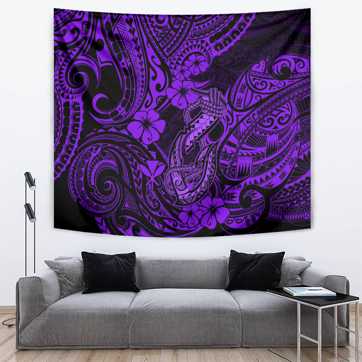 Hawaii Fish Hook Tapestry Hibiscus Hawaii Tribal Tattoo Purple Version - Wonder Print Shop