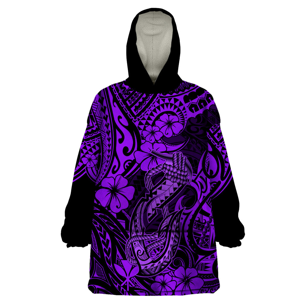 Hawaii Fish Hook Wearable Blanket Hoodie Hibiscus Hawaii Tribal Tattoo Purple Version - Wonder Print Shop