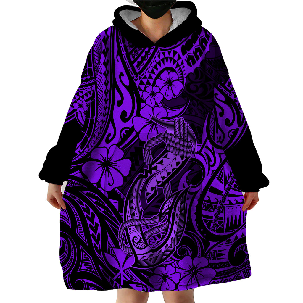 Hawaii Fish Hook Wearable Blanket Hoodie Hibiscus Hawaii Tribal Tattoo Purple Version - Wonder Print Shop
