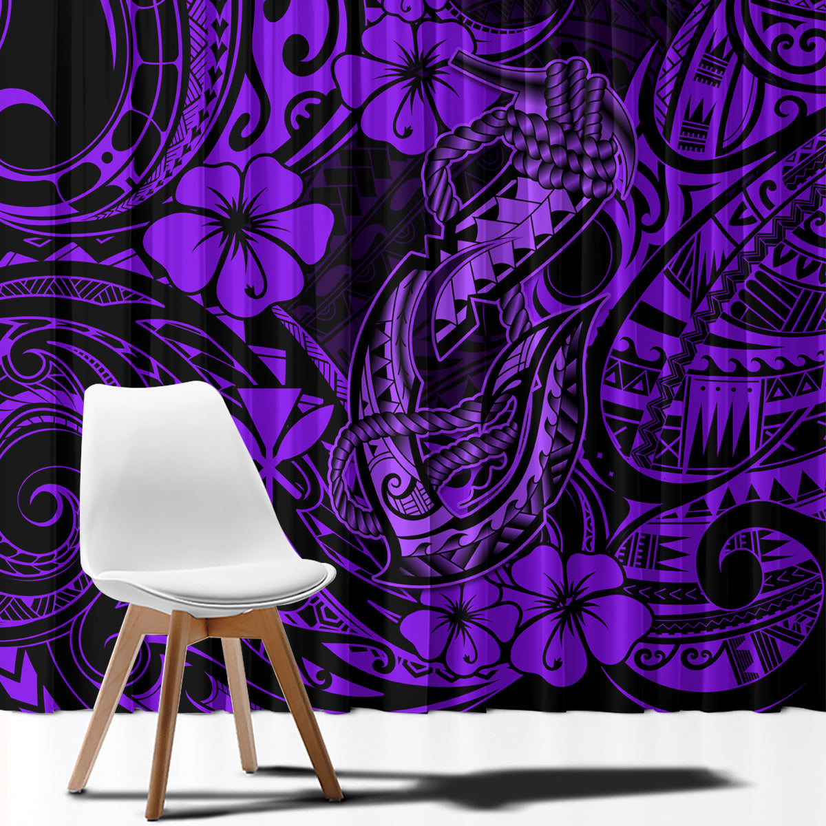 Hawaii Fish Hook Window Curtain Hibiscus Hawaii Tribal Tattoo Purple Version - Wonder Print Shop