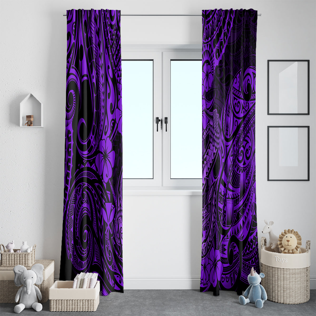 Hawaii Fish Hook Window Curtain Hibiscus Hawaii Tribal Tattoo Purple Version - Wonder Print Shop