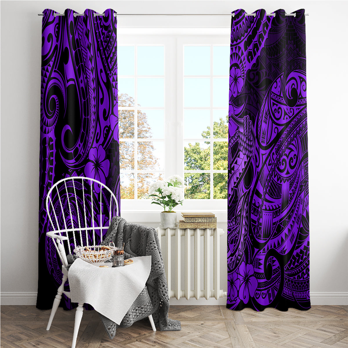 Hawaii Fish Hook Window Curtain Hibiscus Hawaii Tribal Tattoo Purple Version - Wonder Print Shop
