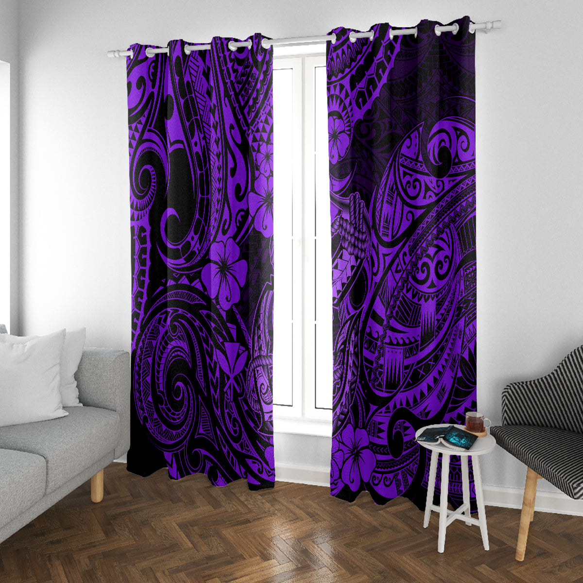 Hawaii Fish Hook Window Curtain Hibiscus Hawaii Tribal Tattoo Purple Version - Wonder Print Shop