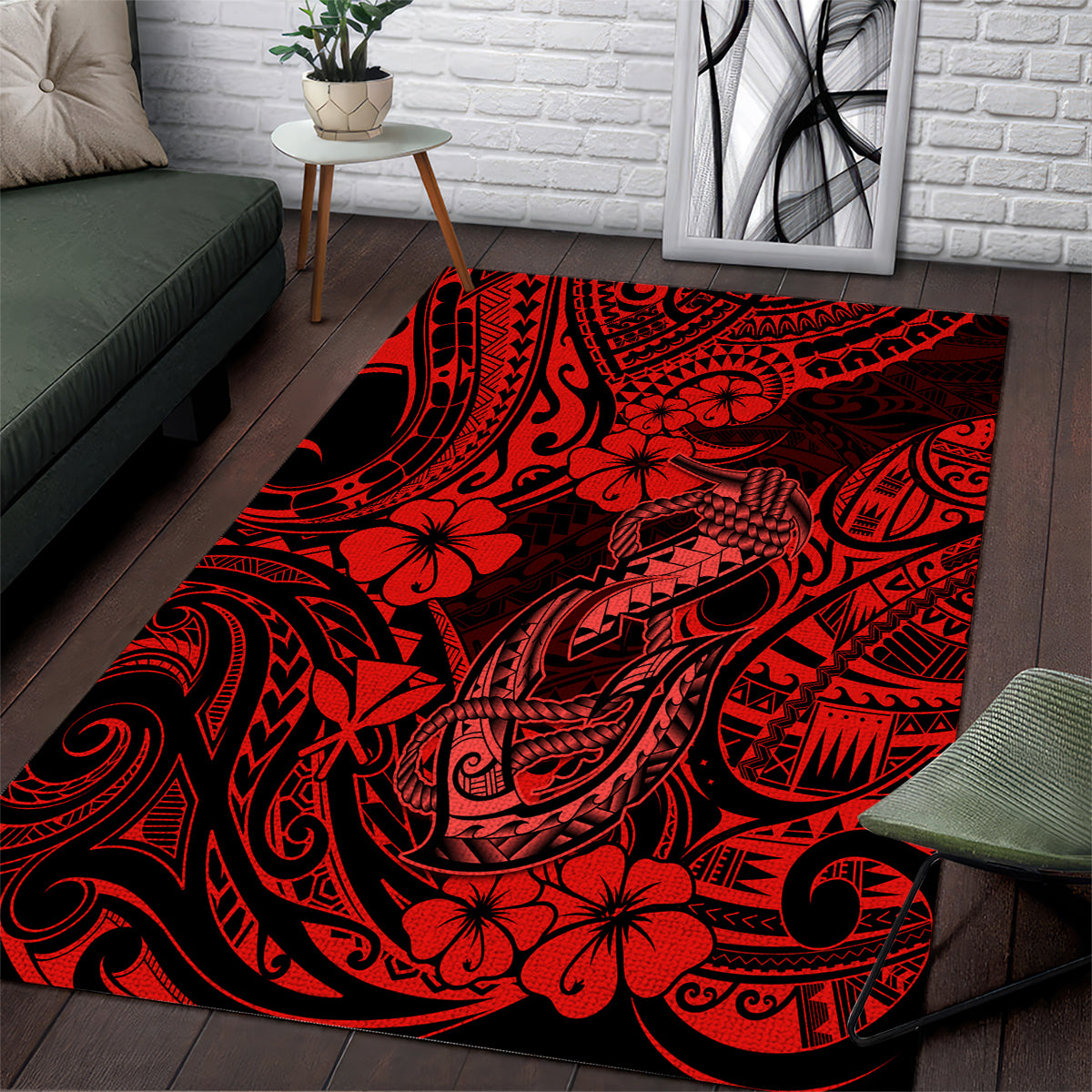 Hawaii Fish Hook Area Rug Hibiscus Hawaii Tribal Tattoo Red Version - Wonder Print Shop