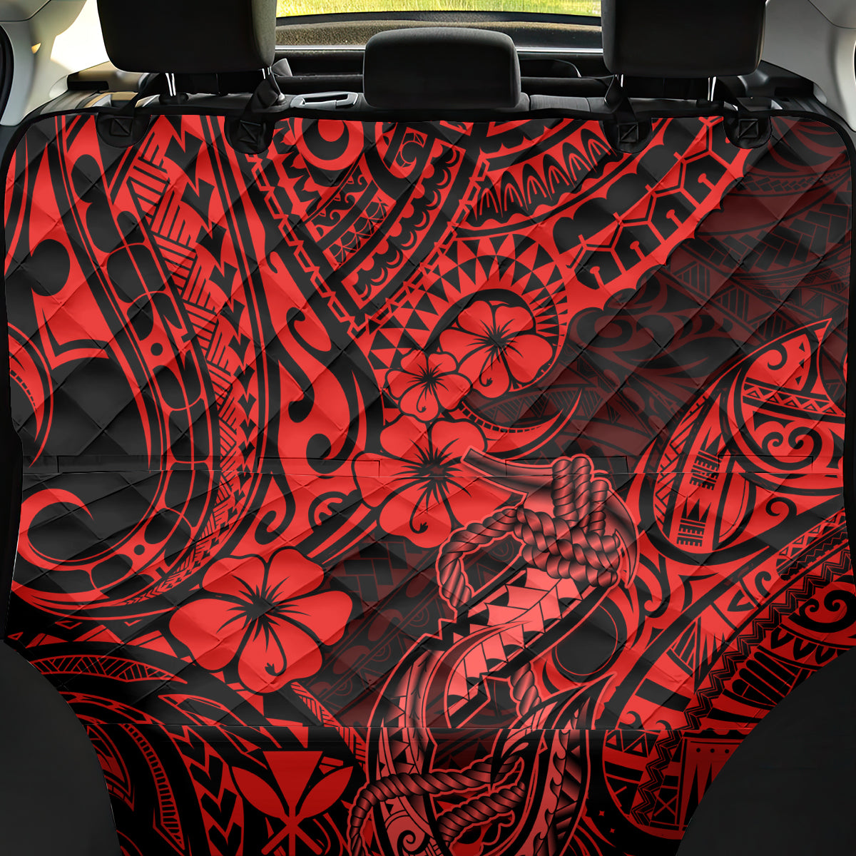 Hawaii Fish Hook Back Car Seat Cover Hibiscus Hawaii Tribal Tattoo Red Version - Wonder Print Shop