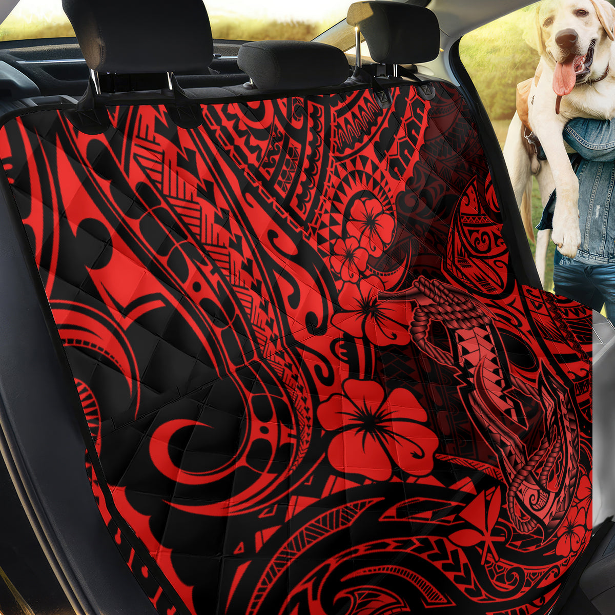 Hawaii Fish Hook Back Car Seat Cover Hibiscus Hawaii Tribal Tattoo Red Version - Wonder Print Shop