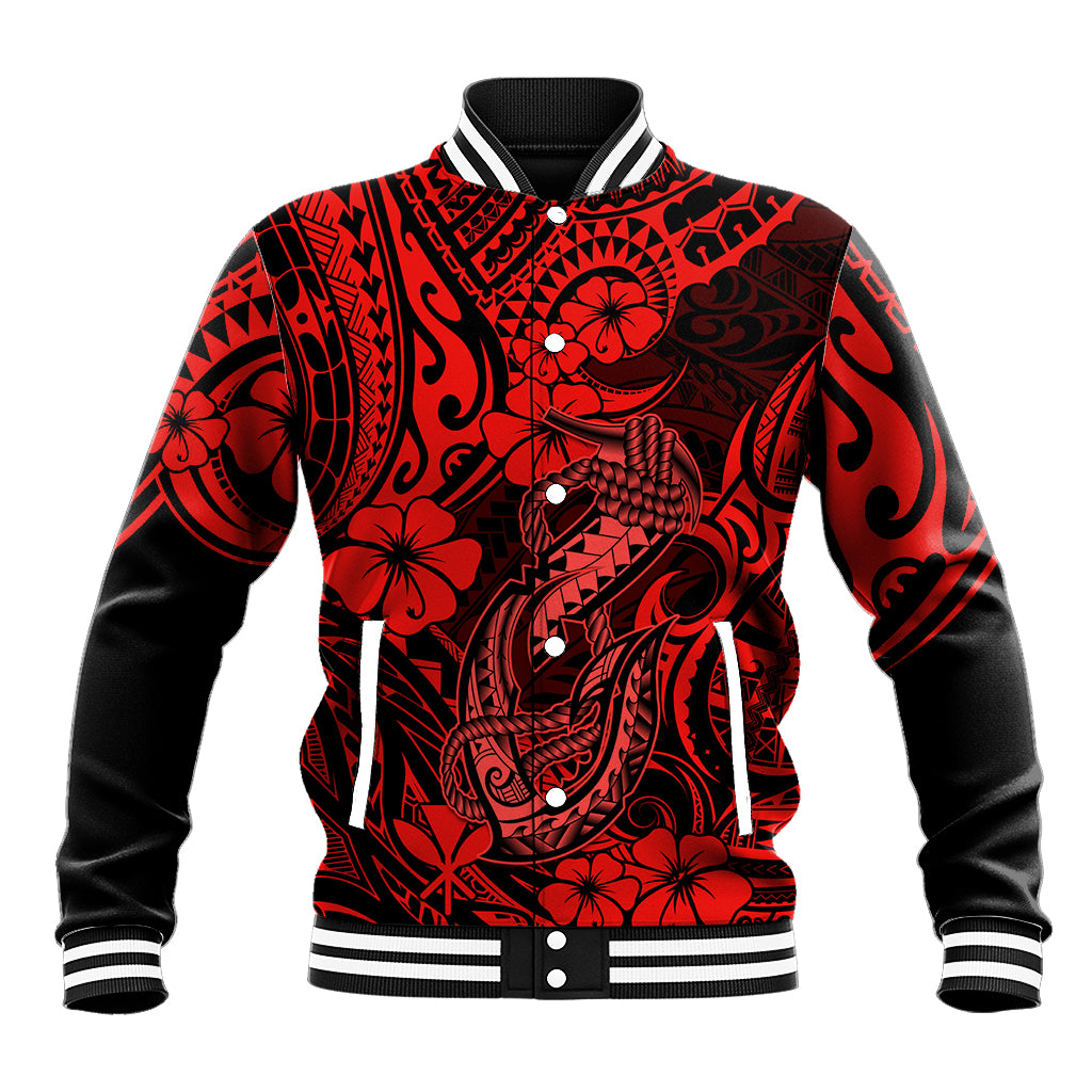 Hawaii Fish Hook Baseball Jacket Hibiscus Hawaii Tribal Tattoo Red Version - Wonder Print Shop