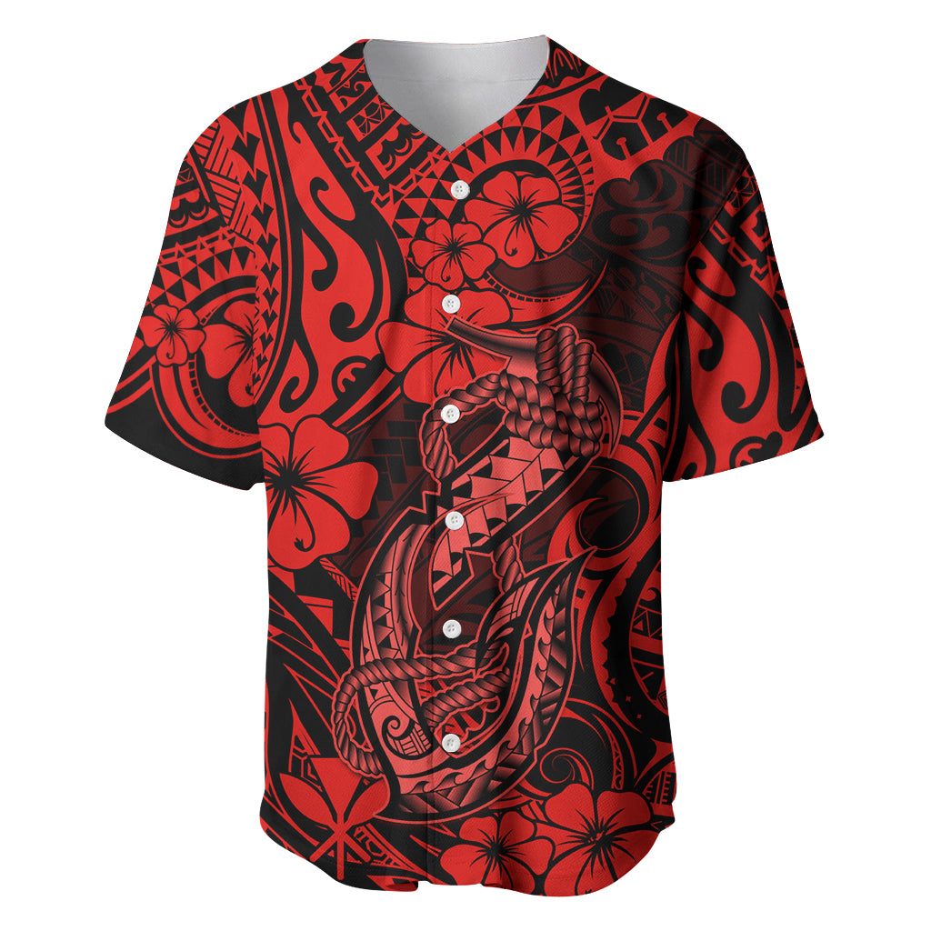 Hawaii Fish Hook Baseball Jersey Hibiscus Hawaii Tribal Tattoo Red Version - Wonder Print Shop