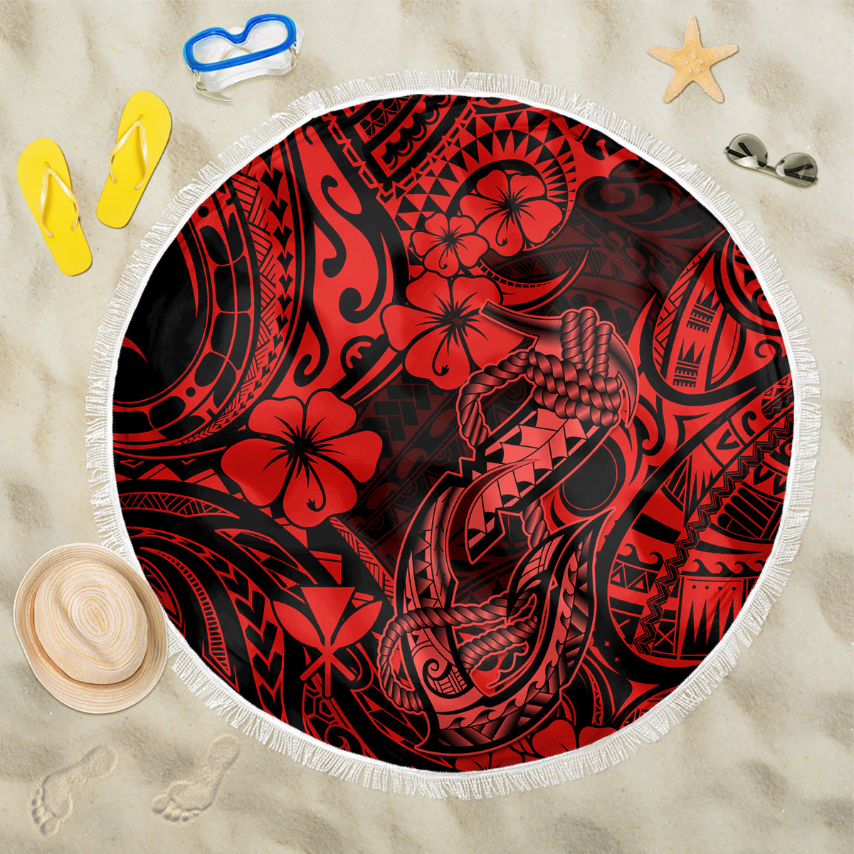 Hawaii Fish Hook Beach Blanket Hibiscus Hawaii Tribal Tattoo Red Version - Wonder Print Shop