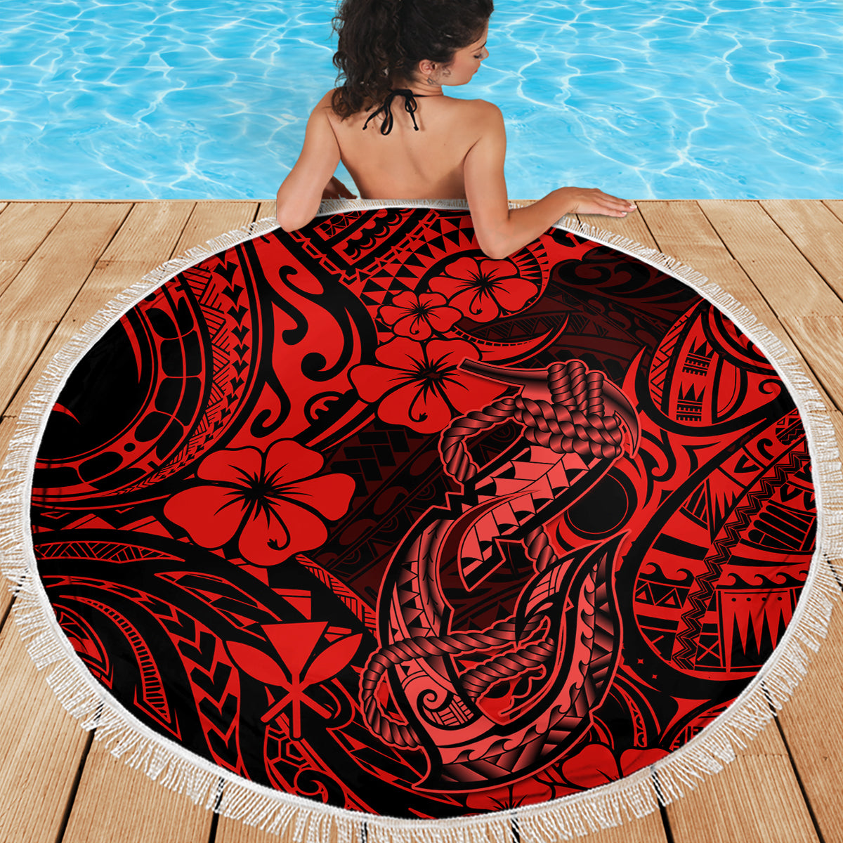 Hawaii Fish Hook Beach Blanket Hibiscus Hawaii Tribal Tattoo Red Version - Wonder Print Shop