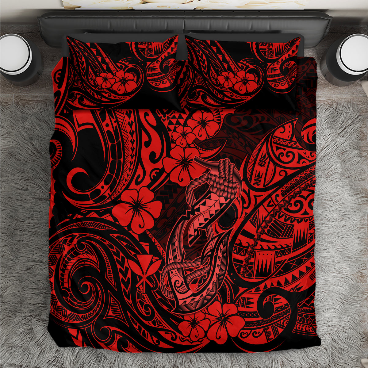 Hawaii Fish Hook Bedding Set Hibiscus Hawaii Tribal Tattoo Red Version - Wonder Print Shop