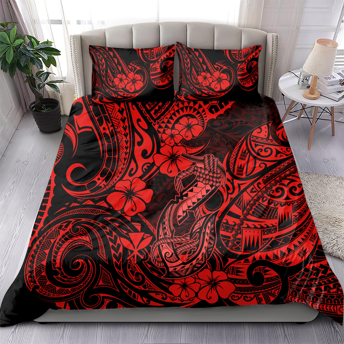 Hawaii Fish Hook Bedding Set Hibiscus Hawaii Tribal Tattoo Red Version - Wonder Print Shop