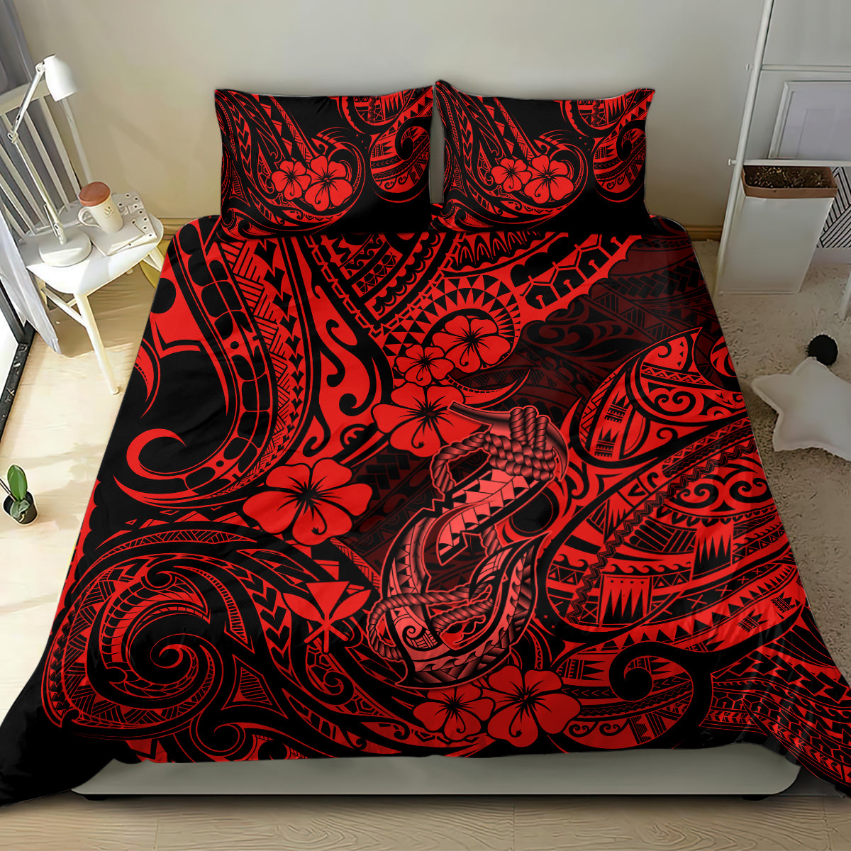 Hawaii Fish Hook Bedding Set Hibiscus Hawaii Tribal Tattoo Red Version - Wonder Print Shop