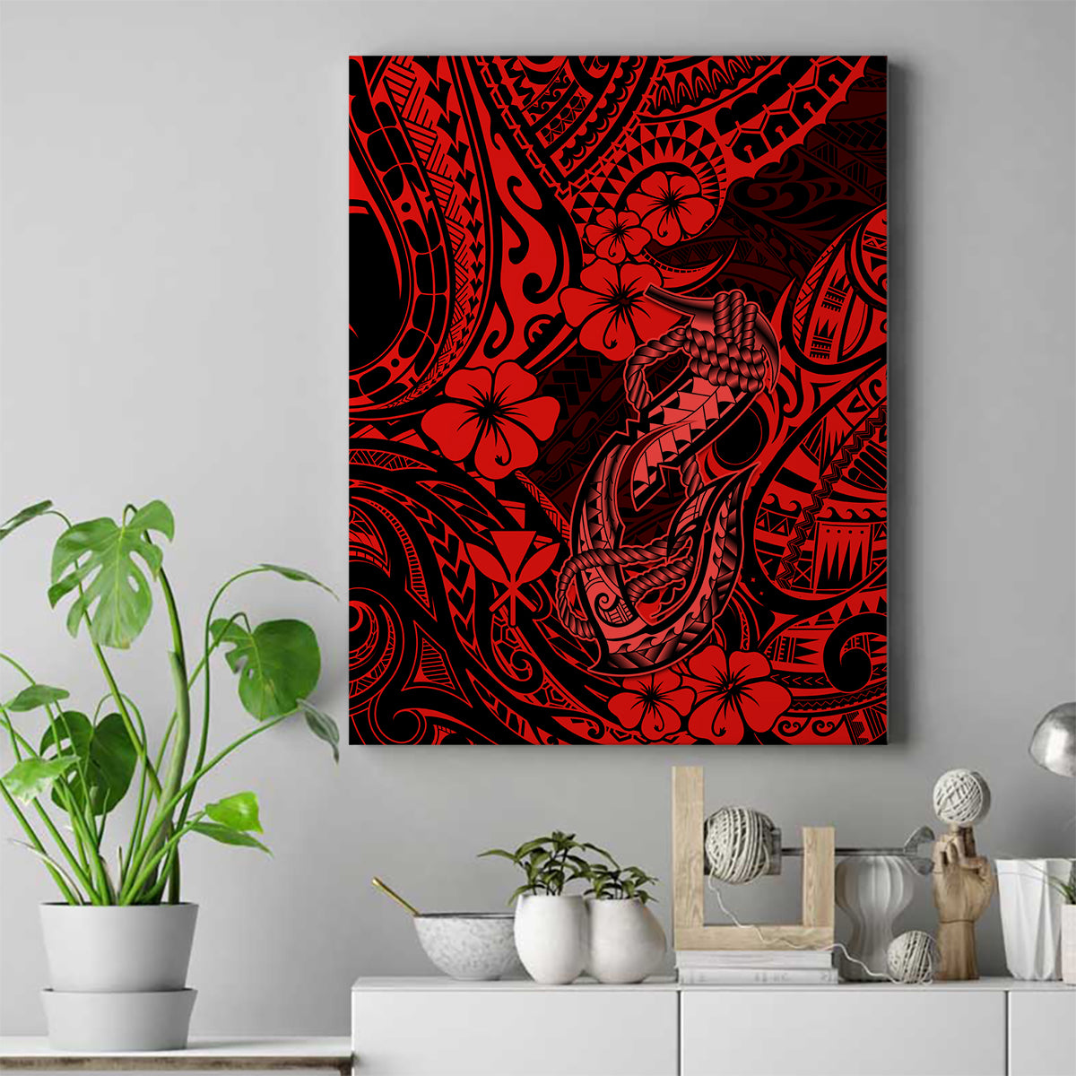 Hawaii Fish Hook Canvas Wall Art Hibiscus Hawaii Tribal Tattoo Red Version - Wonder Print Shop