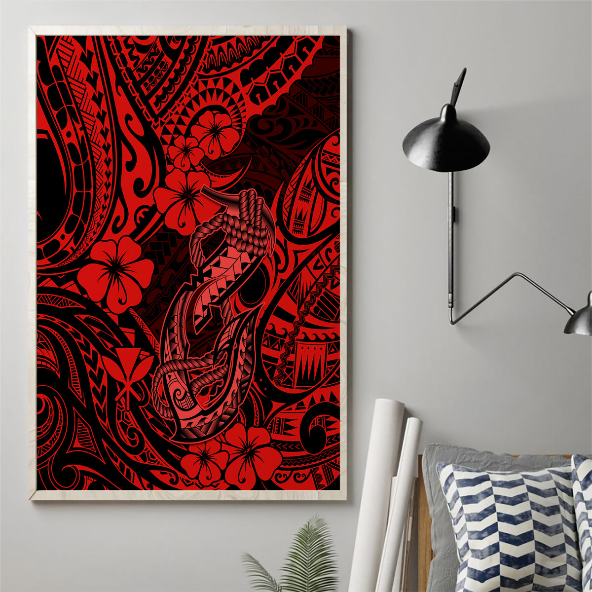 Hawaii Fish Hook Canvas Wall Art Hibiscus Hawaii Tribal Tattoo Red Version - Wonder Print Shop
