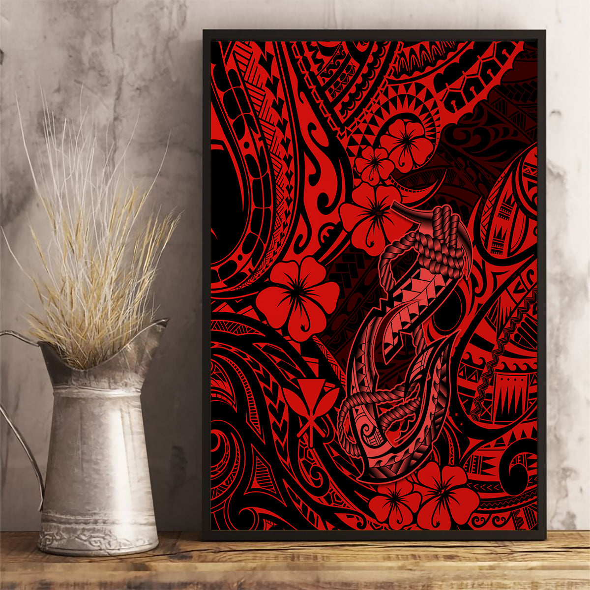 Hawaii Fish Hook Canvas Wall Art Hibiscus Hawaii Tribal Tattoo Red Version - Wonder Print Shop