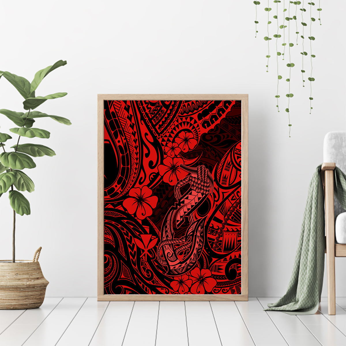 Hawaii Fish Hook Canvas Wall Art Hibiscus Hawaii Tribal Tattoo Red Version - Wonder Print Shop