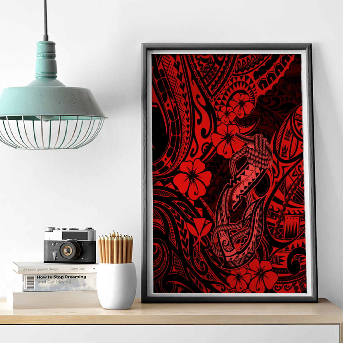 Hawaii Fish Hook Canvas Wall Art Hibiscus Hawaii Tribal Tattoo Red Version - Wonder Print Shop