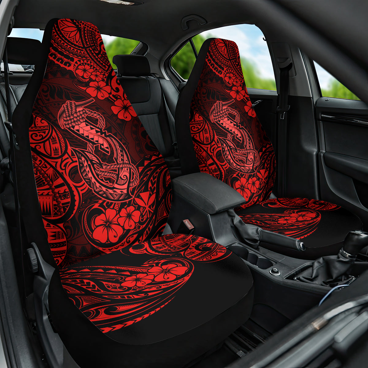 Hawaii Fish Hook Car Seat Cover Hibiscus Hawaii Tribal Tattoo Red Version - Wonder Print Shop