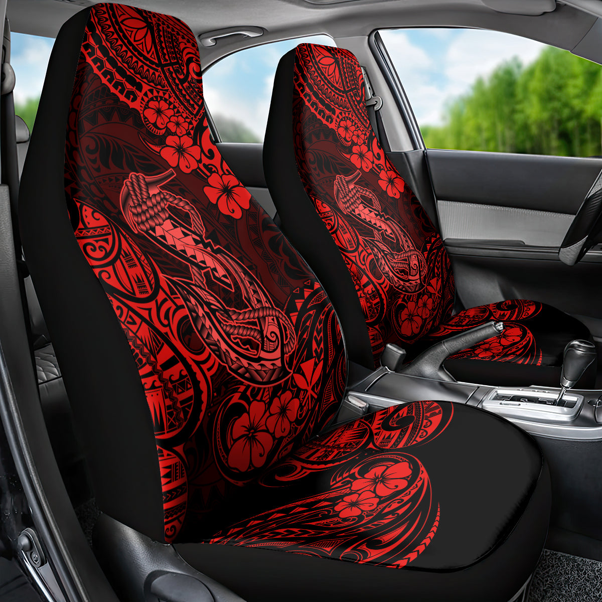 Hawaii Fish Hook Car Seat Cover Hibiscus Hawaii Tribal Tattoo Red Version - Wonder Print Shop