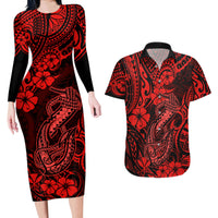 Hawaii Fish Hook Couples Matching Long Sleeve Bodycon Dress and Hawaiian Shirt Hibiscus Hawaii Tribal Tattoo Red Version - Wonder Print Shop