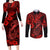 Hawaii Fish Hook Couples Matching Long Sleeve Bodycon Dress and Long Sleeve Button Shirts Hibiscus Hawaii Tribal Tattoo Red Version - Wonder Print Shop