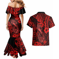Hawaii Fish Hook Couples Matching Mermaid Dress and Hawaiian Shirt Hibiscus Hawaii Tribal Tattoo Red Version - Wonder Print Shop