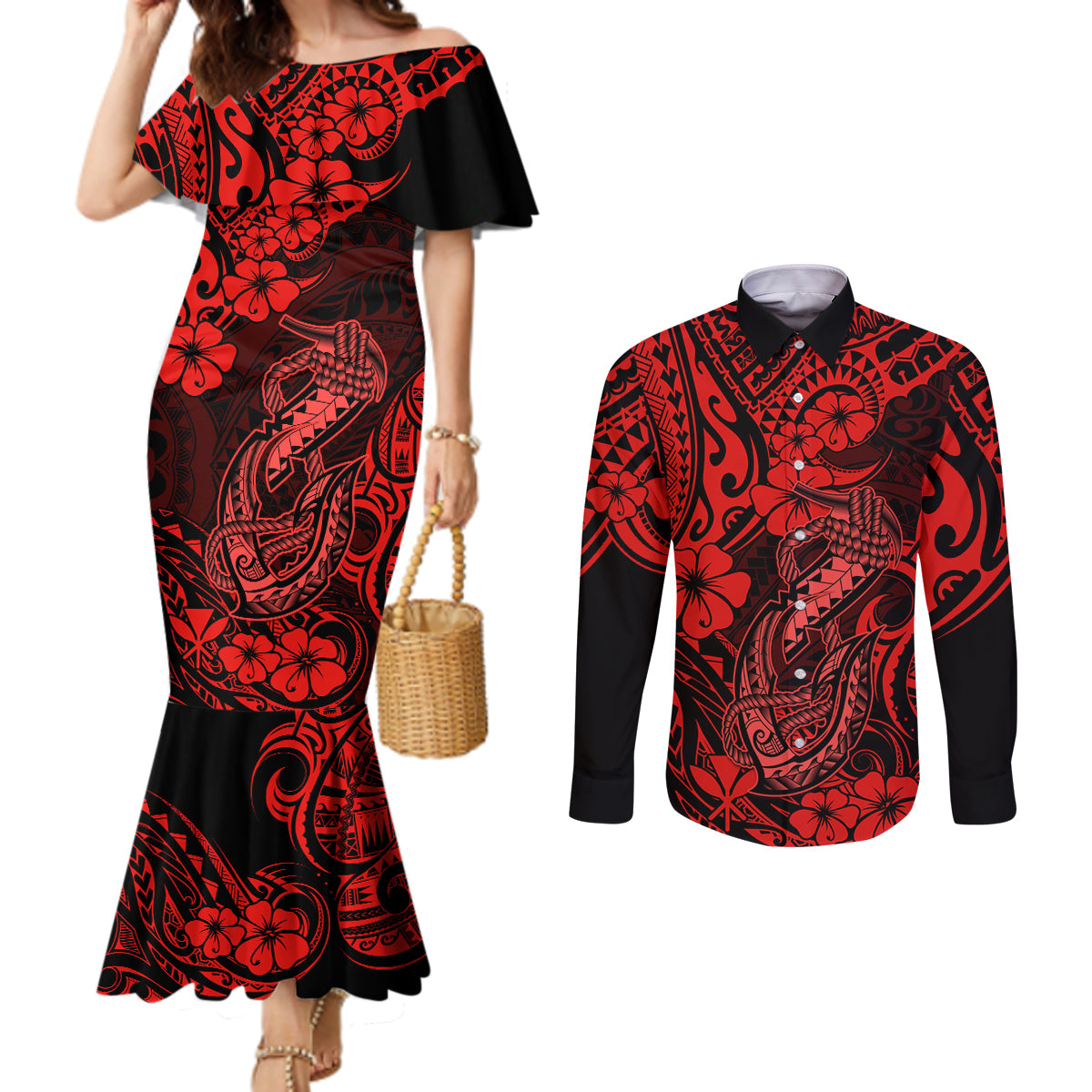 hawaii-fish-hook-couples-matching-mermaid-dress-and-long-sleeve-button-shirts-hibiscus-hawaii-tribal-tattoo-red-version