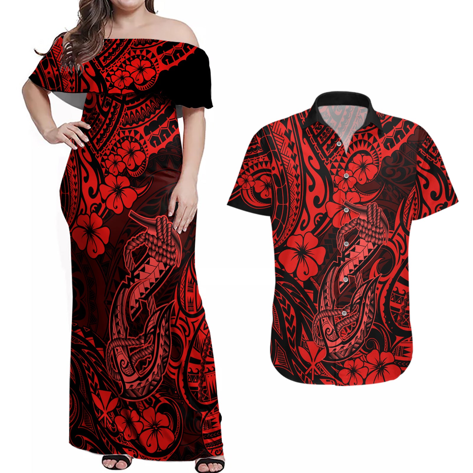 Hawaii Fish Hook Couples Matching Off Shoulder Maxi Dress and Hawaiian Shirt Hibiscus Hawaii Tribal Tattoo Red Version - Wonder Print Shop