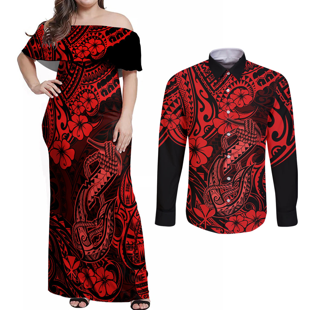 Hawaii Fish Hook Couples Matching Off Shoulder Maxi Dress and Long Sleeve Button Shirts Hibiscus Hawaii Tribal Tattoo Red Version - Wonder Print Shop