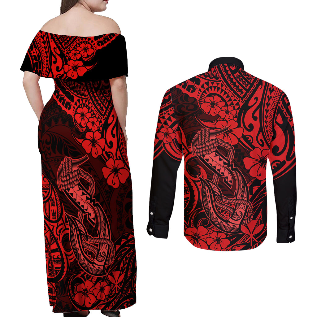 Hawaii Fish Hook Couples Matching Off Shoulder Maxi Dress and Long Sleeve Button Shirts Hibiscus Hawaii Tribal Tattoo Red Version - Wonder Print Shop