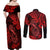 Hawaii Fish Hook Couples Matching Off Shoulder Maxi Dress and Long Sleeve Button Shirts Hibiscus Hawaii Tribal Tattoo Red Version - Wonder Print Shop