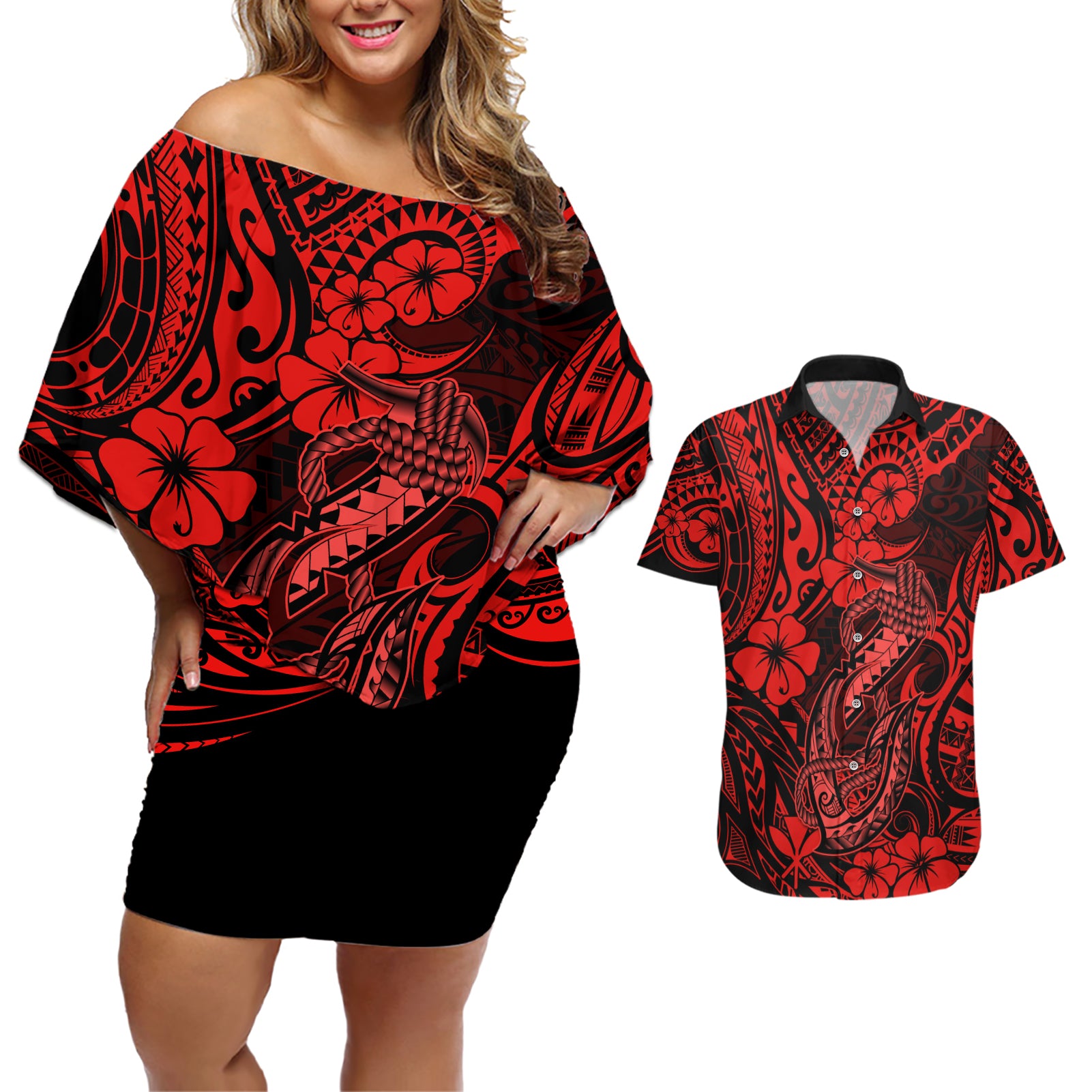 Hawaii Fish Hook Couples Matching Off Shoulder Short Dress and Hawaiian Shirt Hibiscus Hawaii Tribal Tattoo Red Version - Wonder Print Shop