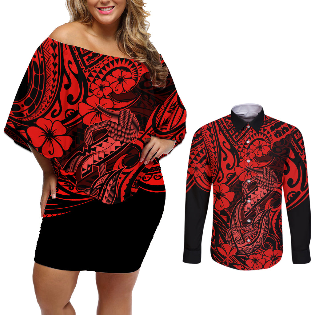 Hawaii Fish Hook Couples Matching Off Shoulder Short Dress and Long Sleeve Button Shirts Hibiscus Hawaii Tribal Tattoo Red Version - Wonder Print Shop