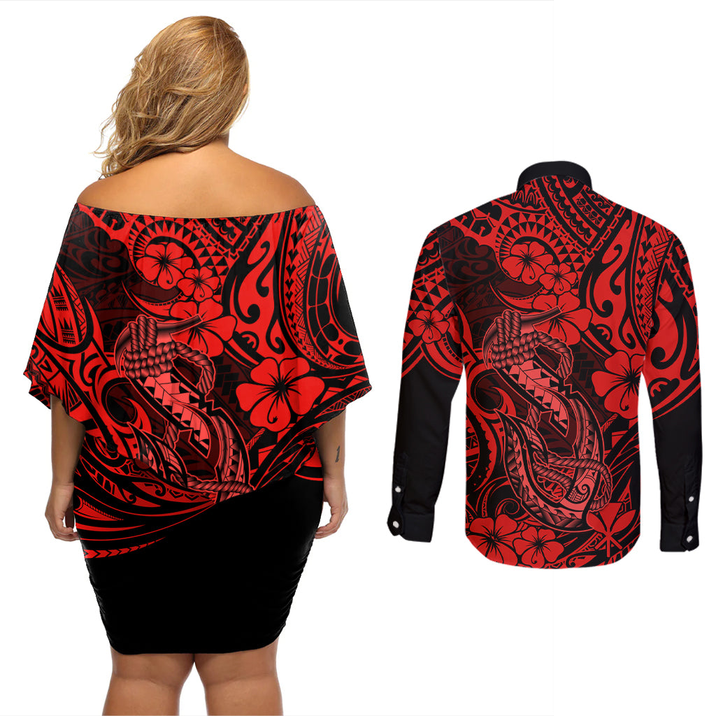 Hawaii Fish Hook Couples Matching Off Shoulder Short Dress and Long Sleeve Button Shirts Hibiscus Hawaii Tribal Tattoo Red Version - Wonder Print Shop