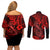 Hawaii Fish Hook Couples Matching Off Shoulder Short Dress and Long Sleeve Button Shirts Hibiscus Hawaii Tribal Tattoo Red Version - Wonder Print Shop