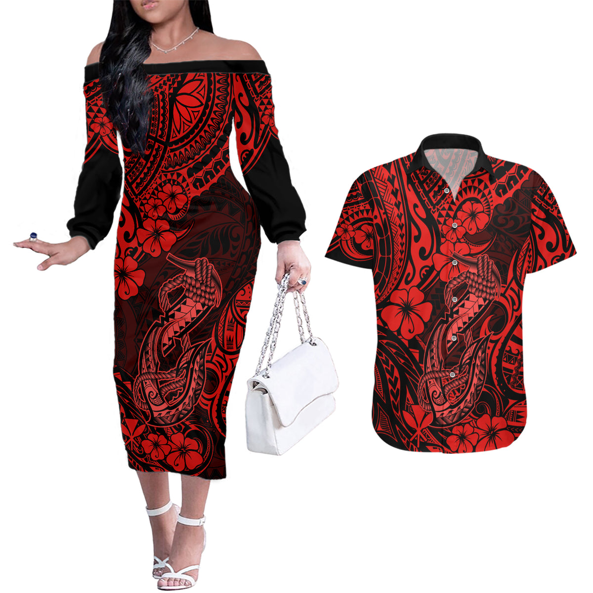 Hawaii Fish Hook Couples Matching Off The Shoulder Long Sleeve Dress and Hawaiian Shirt Hibiscus Hawaii Tribal Tattoo Red Version - Wonder Print Shop