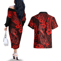 Hawaii Fish Hook Couples Matching Off The Shoulder Long Sleeve Dress and Hawaiian Shirt Hibiscus Hawaii Tribal Tattoo Red Version - Wonder Print Shop