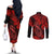 hawaii-fish-hook-couples-matching-off-the-shoulder-long-sleeve-dress-and-long-sleeve-button-shirts-hibiscus-hawaii-tribal-tattoo-red-version