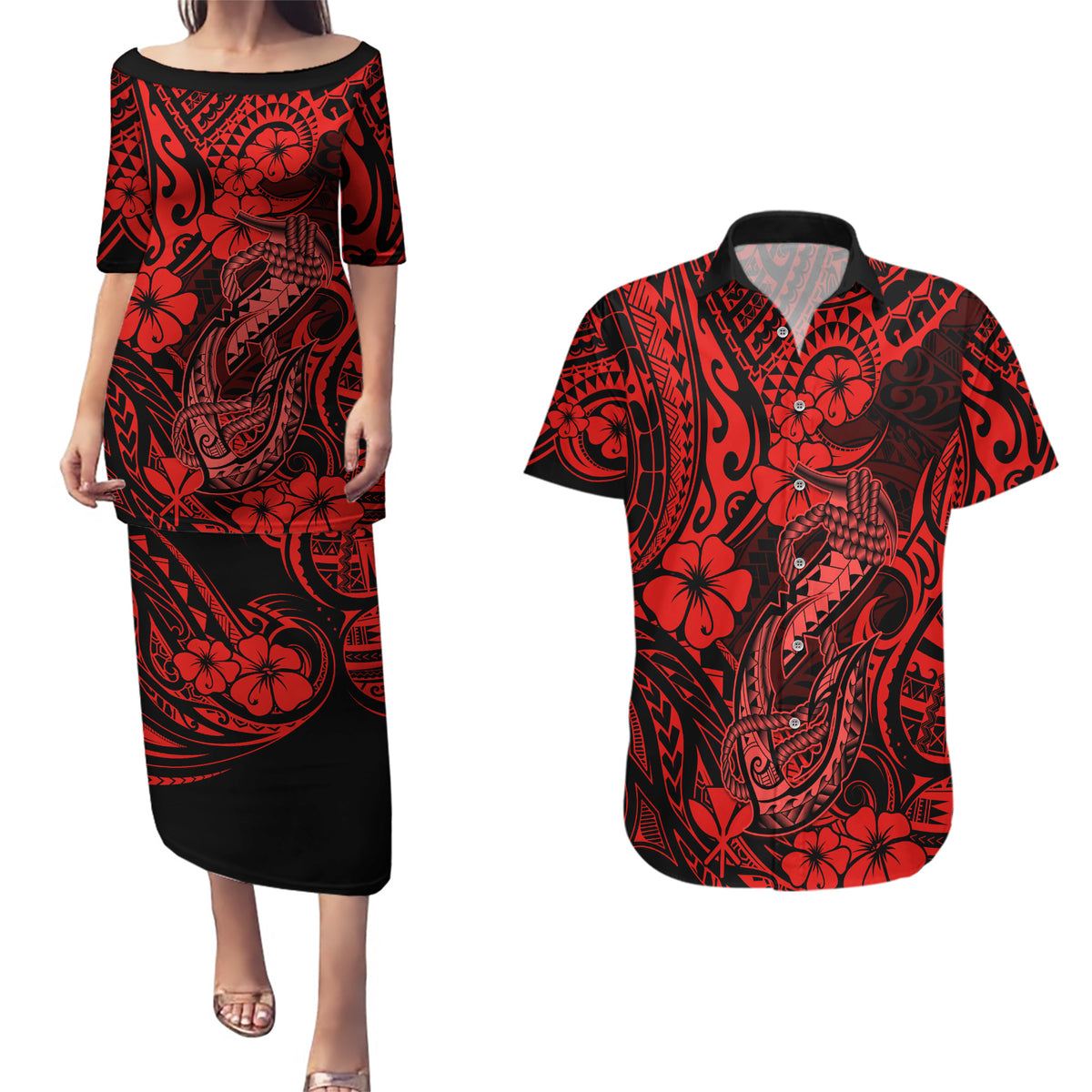 Hawaii Fish Hook Couples Matching Puletasi Dress and Hawaiian Shirt Hibiscus Hawaii Tribal Tattoo Red Version - Wonder Print Shop