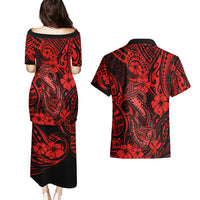 Hawaii Fish Hook Couples Matching Puletasi Dress and Hawaiian Shirt Hibiscus Hawaii Tribal Tattoo Red Version - Wonder Print Shop