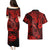 Hawaii Fish Hook Couples Matching Puletasi Dress and Hawaiian Shirt Hibiscus Hawaii Tribal Tattoo Red Version - Wonder Print Shop