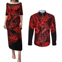 Hawaii Fish Hook Couples Matching Puletasi Dress and Long Sleeve Button Shirts Hibiscus Hawaii Tribal Tattoo Red Version - Wonder Print Shop