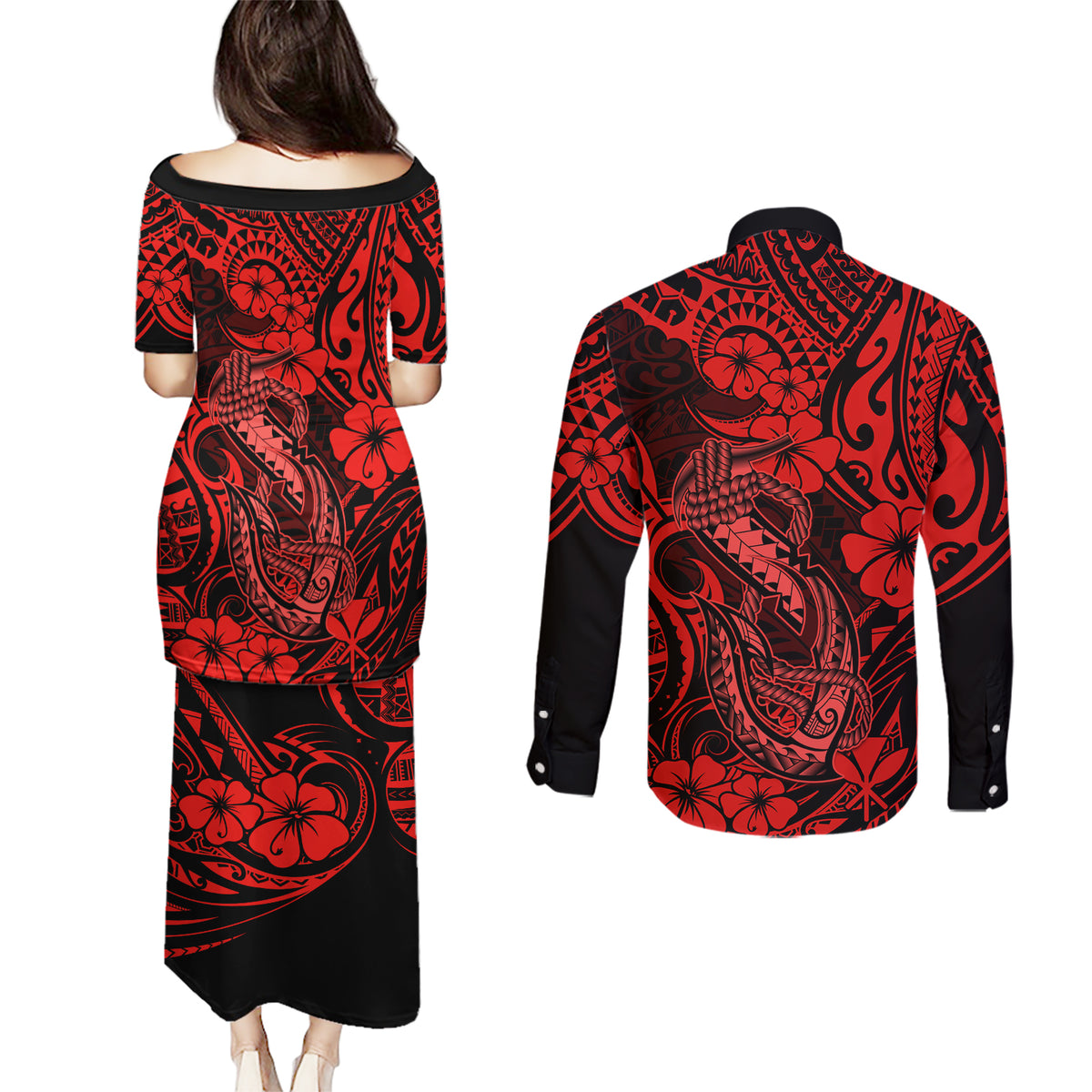 Hawaii Fish Hook Couples Matching Puletasi Dress and Long Sleeve Button Shirts Hibiscus Hawaii Tribal Tattoo Red Version - Wonder Print Shop
